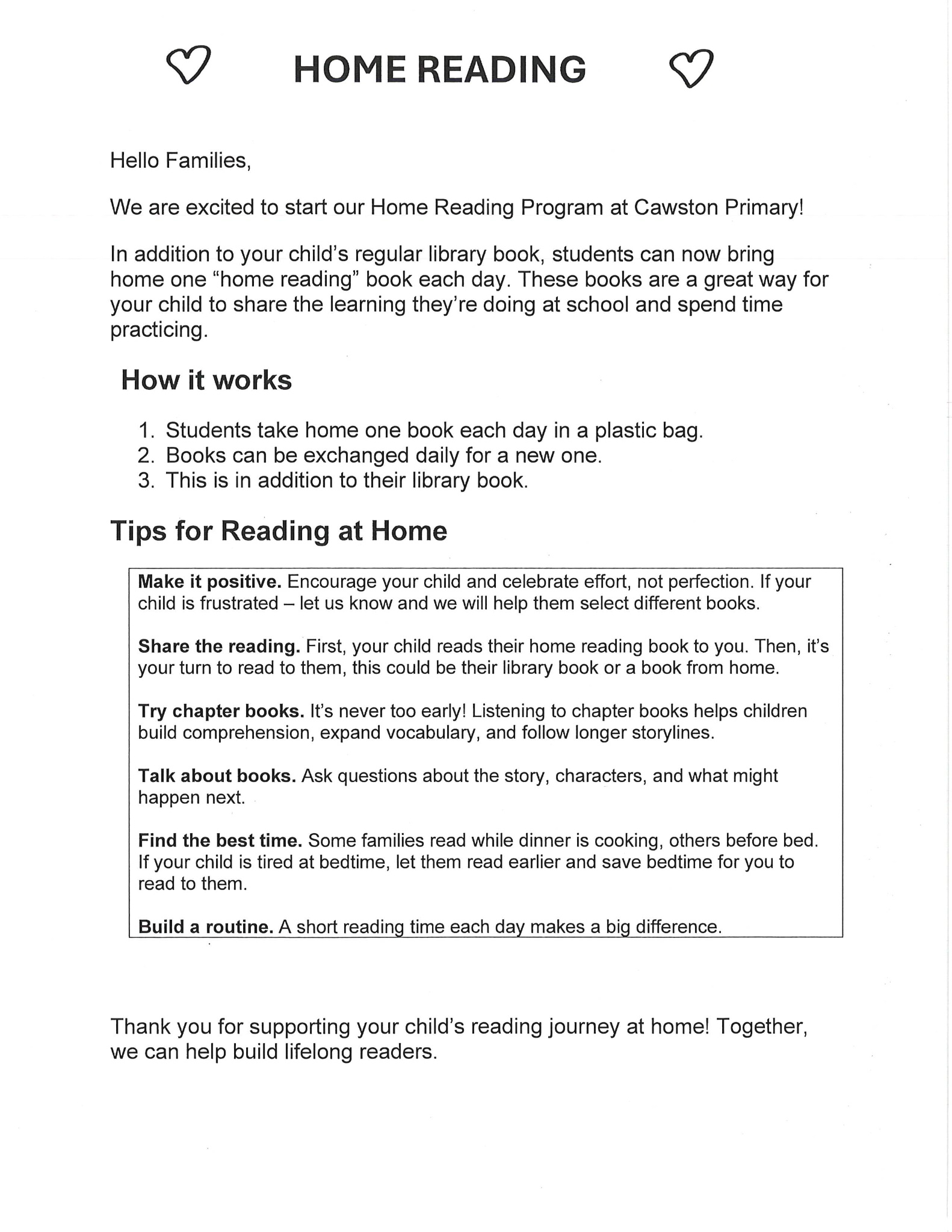 Home Reading Letter